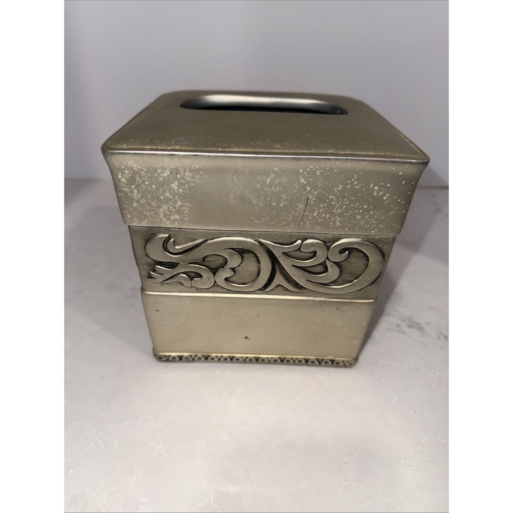 Beautiful Pewter Tissue Box Cover Bronze Colored Acrylic Ornate Patina